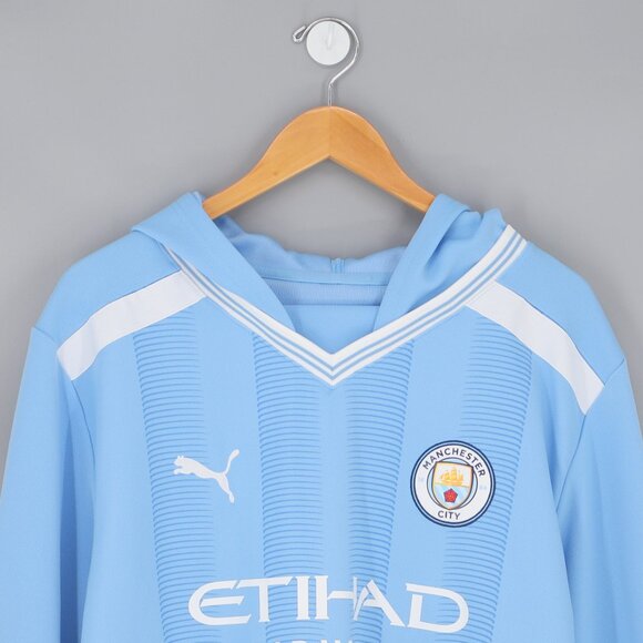 MANCHESTER CITY PUMA Winter Football Jersey Hooded Oversized Sky Blue Size L - Picture 2 of 9